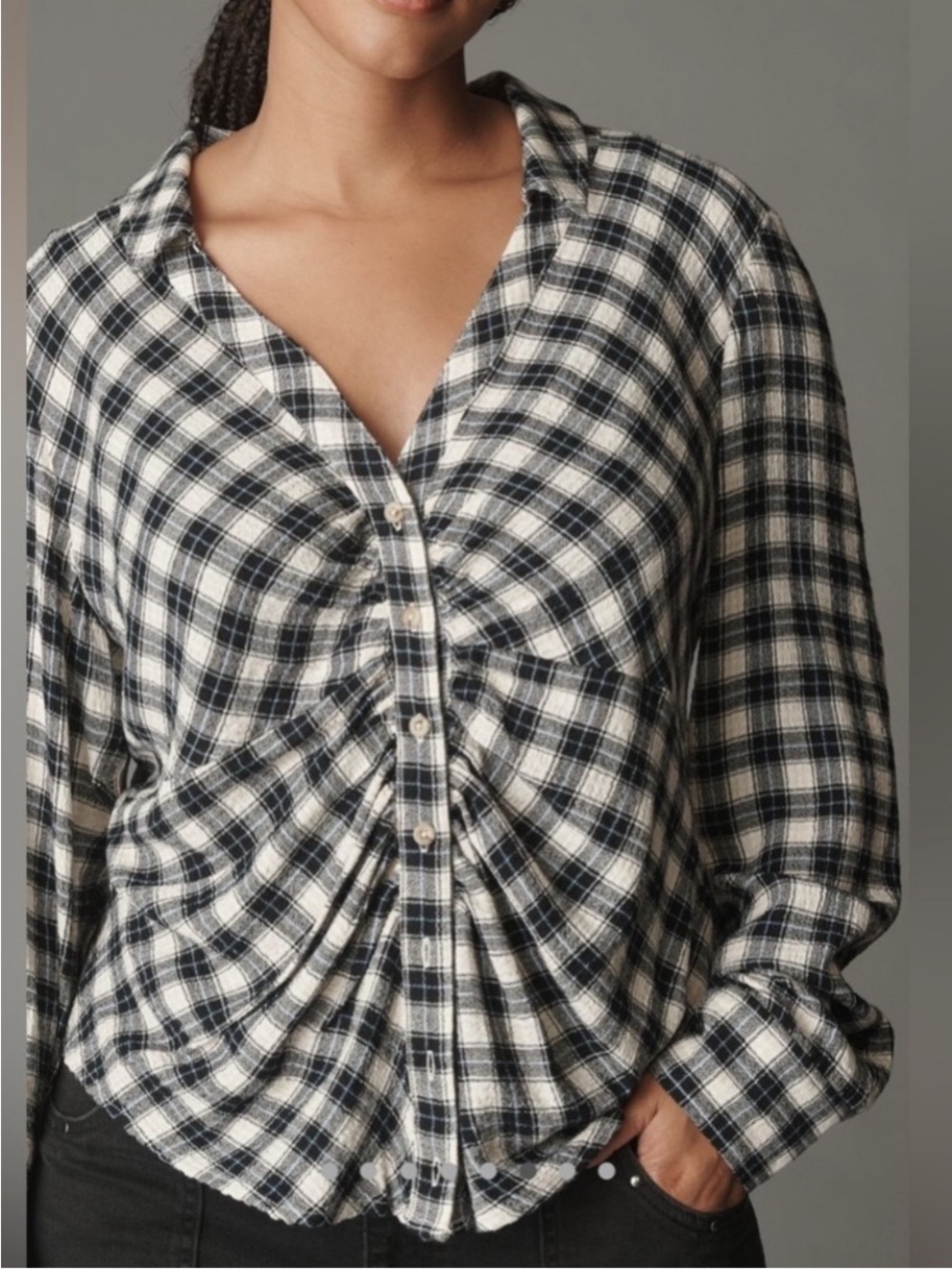 🍂 Anthropologie Pilcro Black and White Plaid Keaton Ruched Plaid
Blouse Size XL